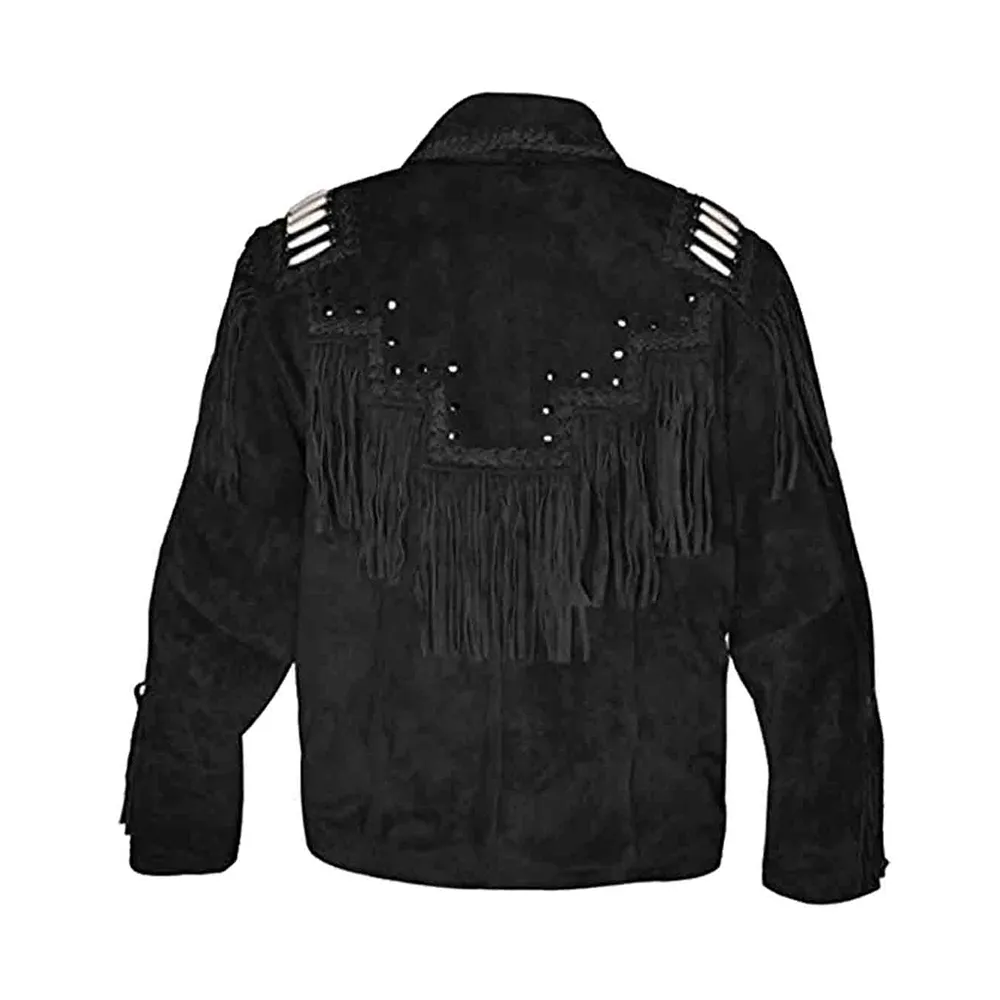 Western Black Suede Leather Fringe Jacket for Men MWJ539