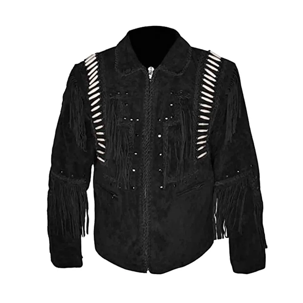 Western Black Suede Leather Fringe Jacket for Men MWJ539