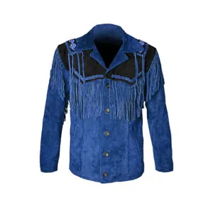 Western Blue Suede Leather Fringe Beaded Jacket for Men MWJ604