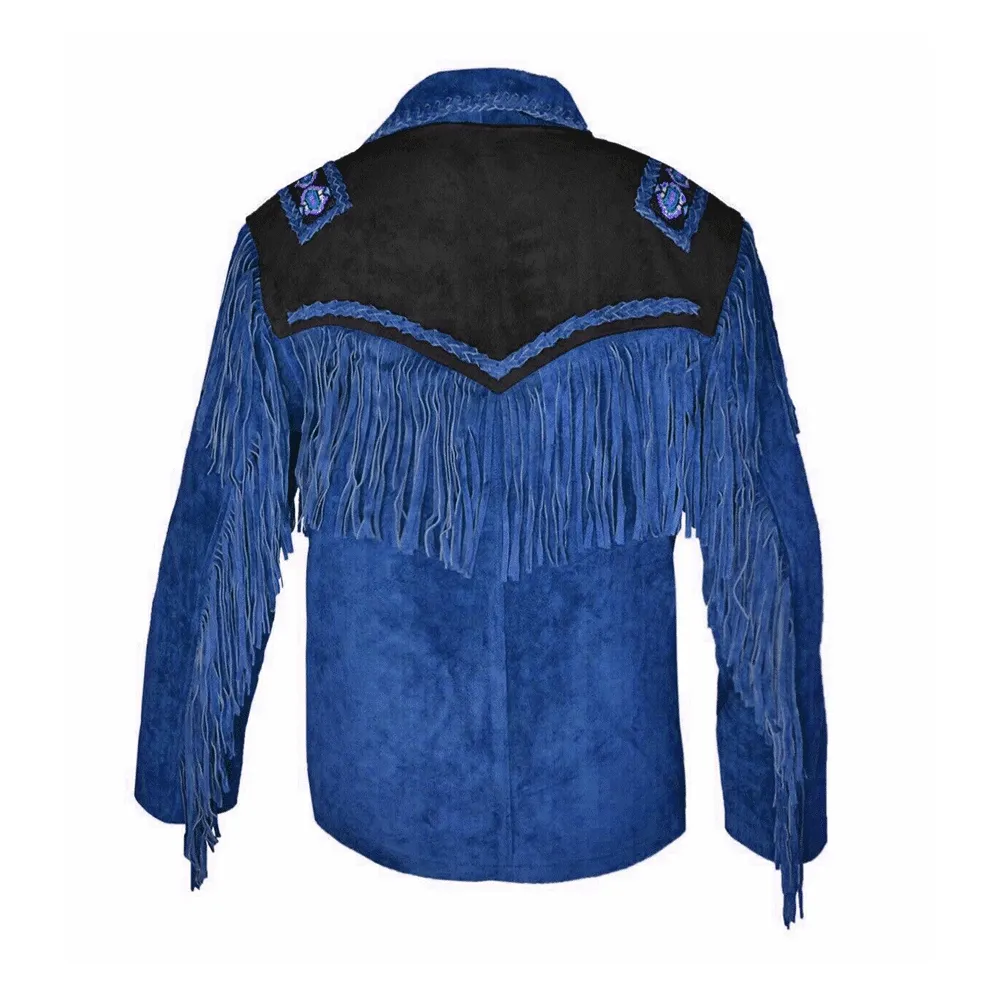 Western Blue Suede Leather Fringe Beaded Jacket for Men MWJ604