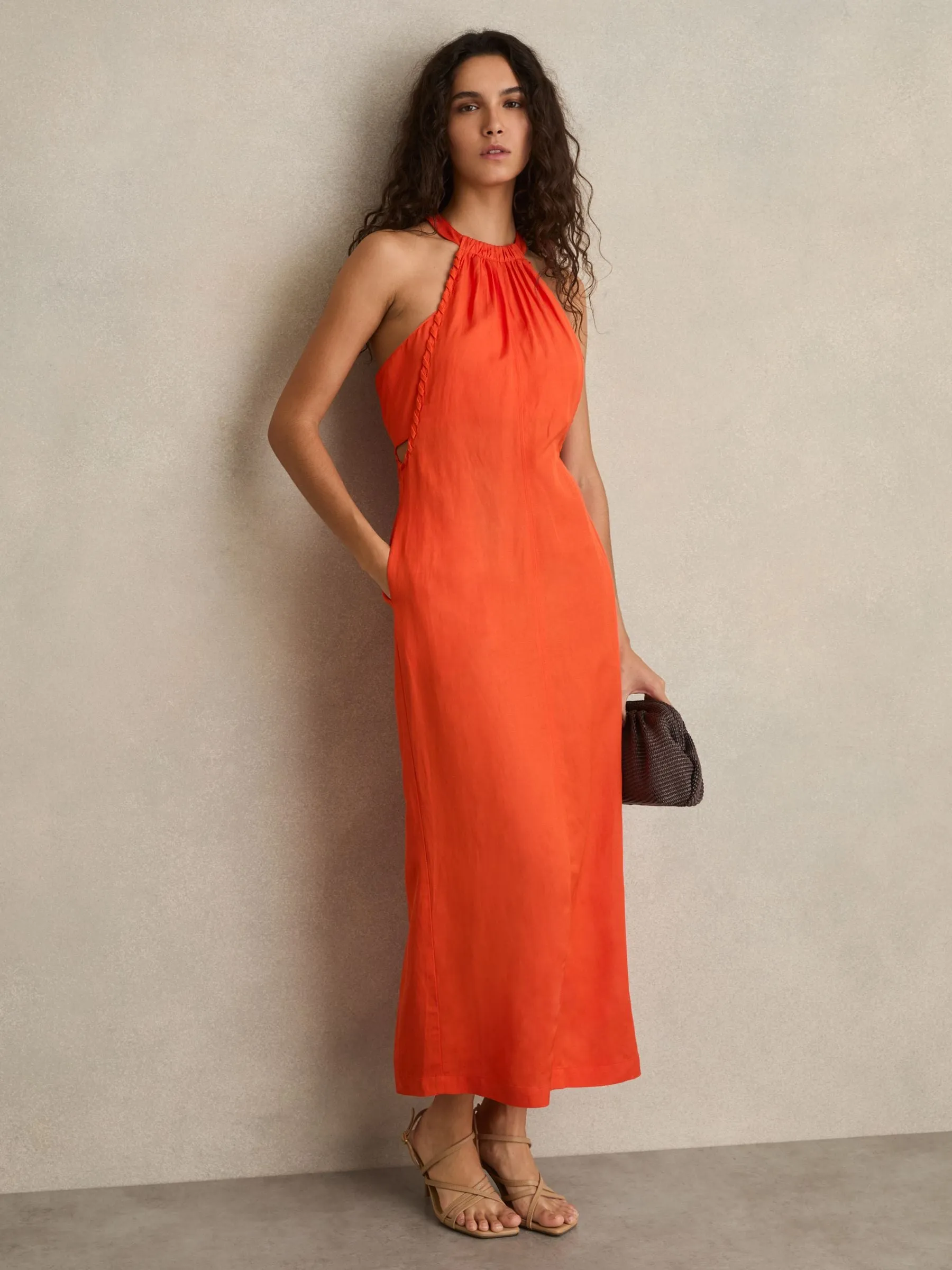 Whipstitch Halterneck Midi Dress in Red
