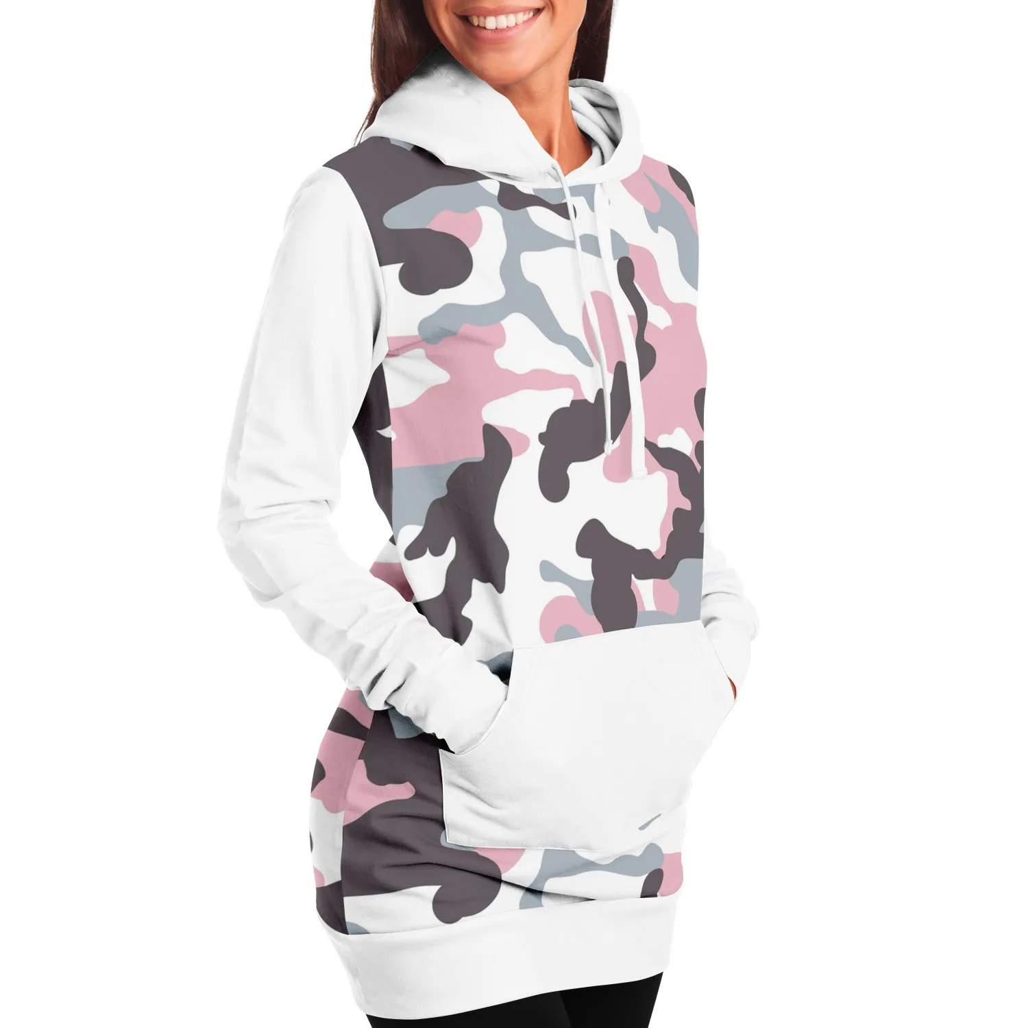 White and Pastel Mauve Camouflage Longline Hoodie Dress With Solid White Sleeves, Pocket and Hood