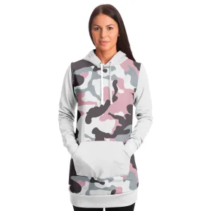 White and Pastel Mauve Camouflage Longline Hoodie Dress With Solid White Sleeves, Pocket and Hood
