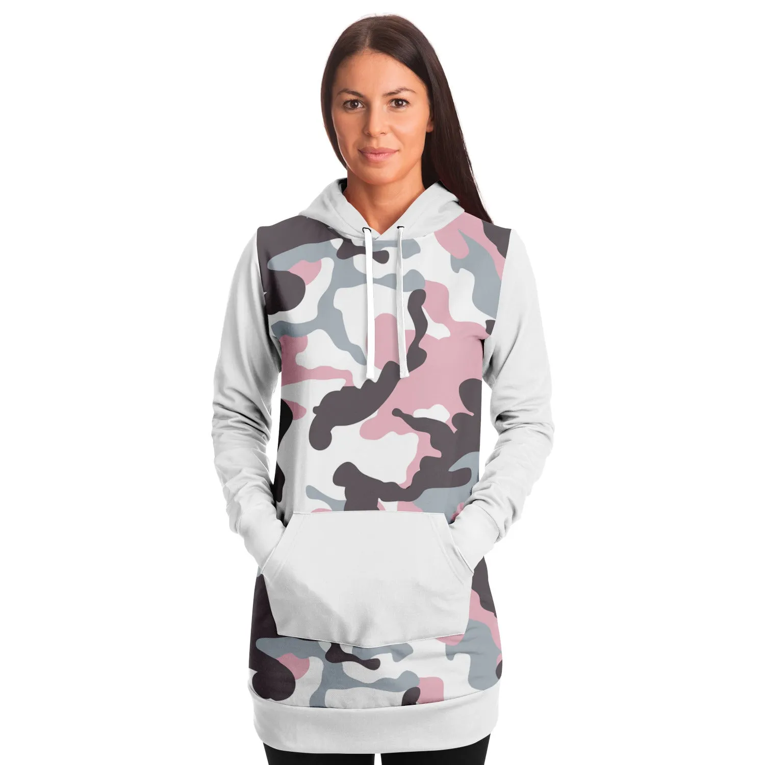White and Pastel Mauve Camouflage Longline Hoodie Dress With Solid White Sleeves, Pocket and Hood