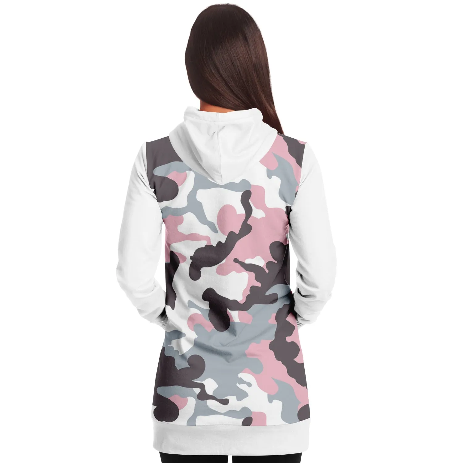 White and Pastel Mauve Camouflage Longline Hoodie Dress With Solid White Sleeves, Pocket and Hood