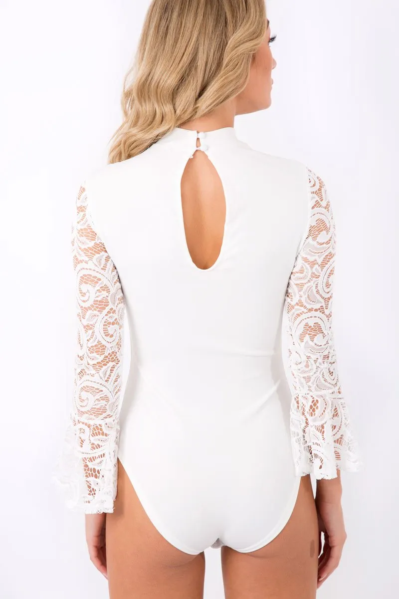 White Bell Sleeve Lace Insert Choker Bodysuit - Evie