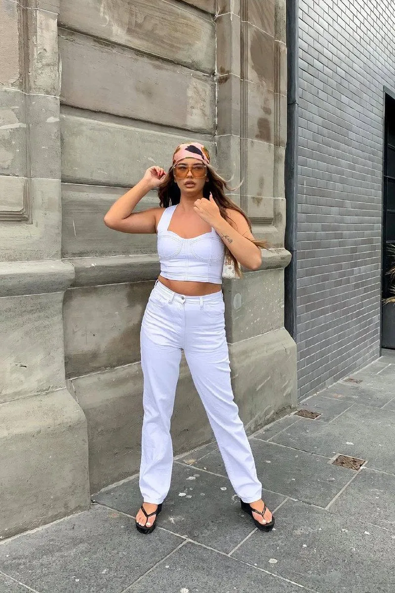 White Contrast Stitch Corset Denim Crop Top - Makia