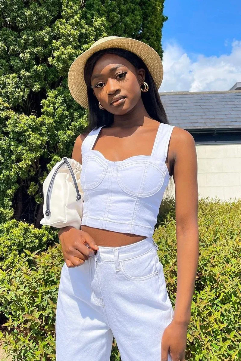 White Contrast Stitch Corset Denim Crop Top - Makia