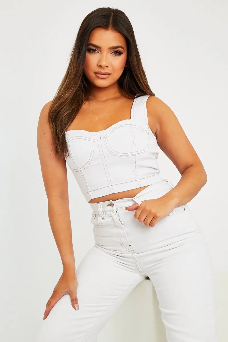 White Contrast Stitch Corset Denim Crop Top - Makia
