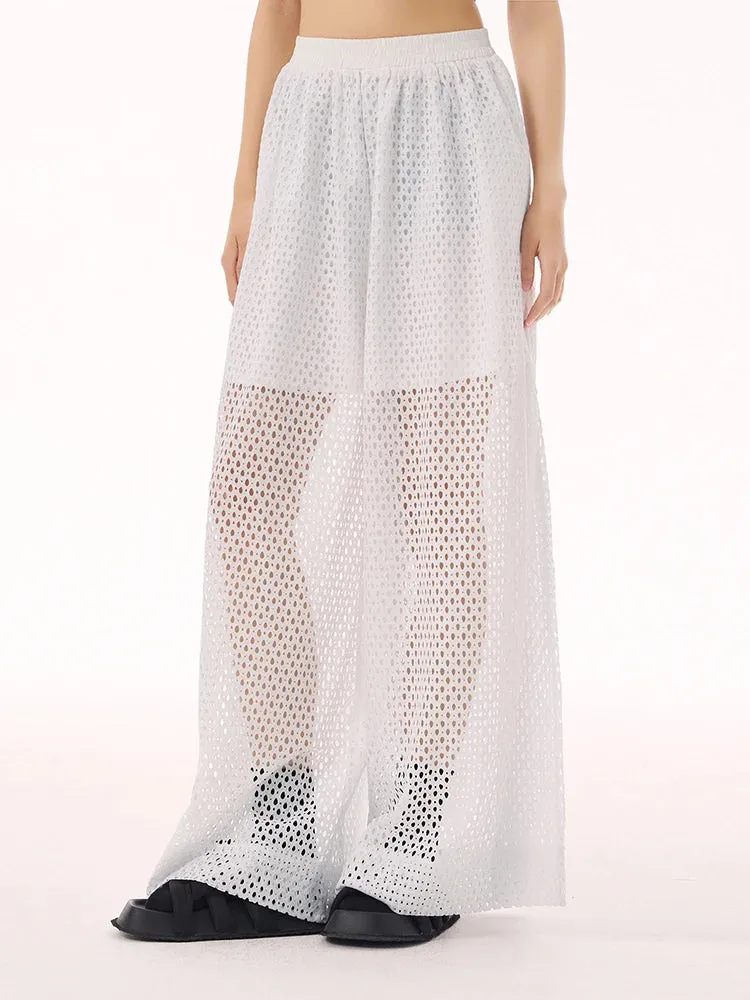 White Sheer Mesh Wide-Leg Trousers
