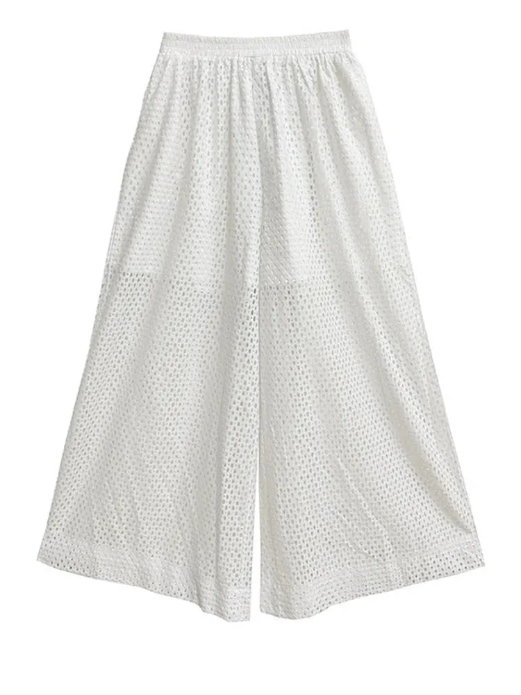 White Sheer Mesh Wide-Leg Trousers