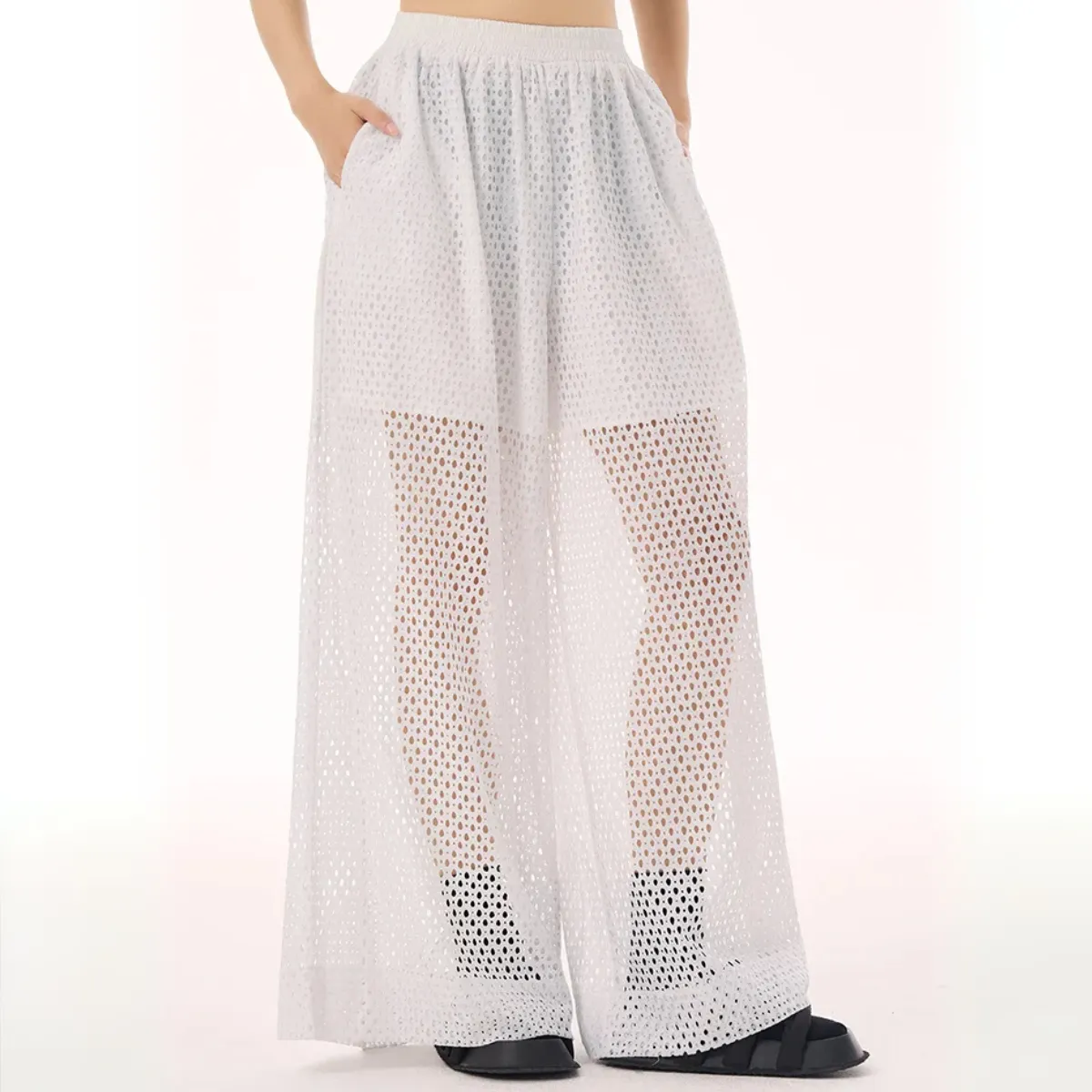 White Sheer Mesh Wide-Leg Trousers