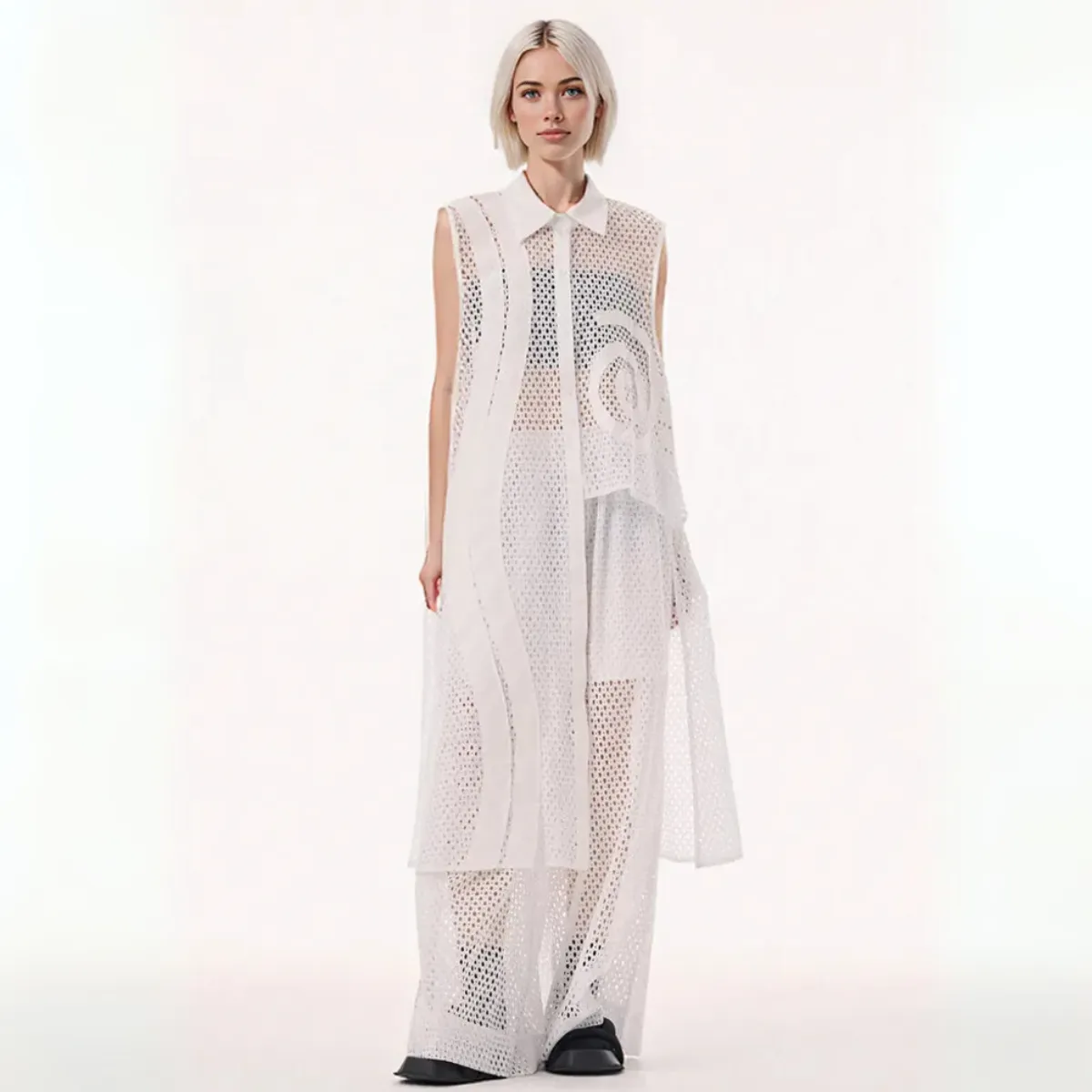 White Sheer Mesh Wide-Leg Trousers