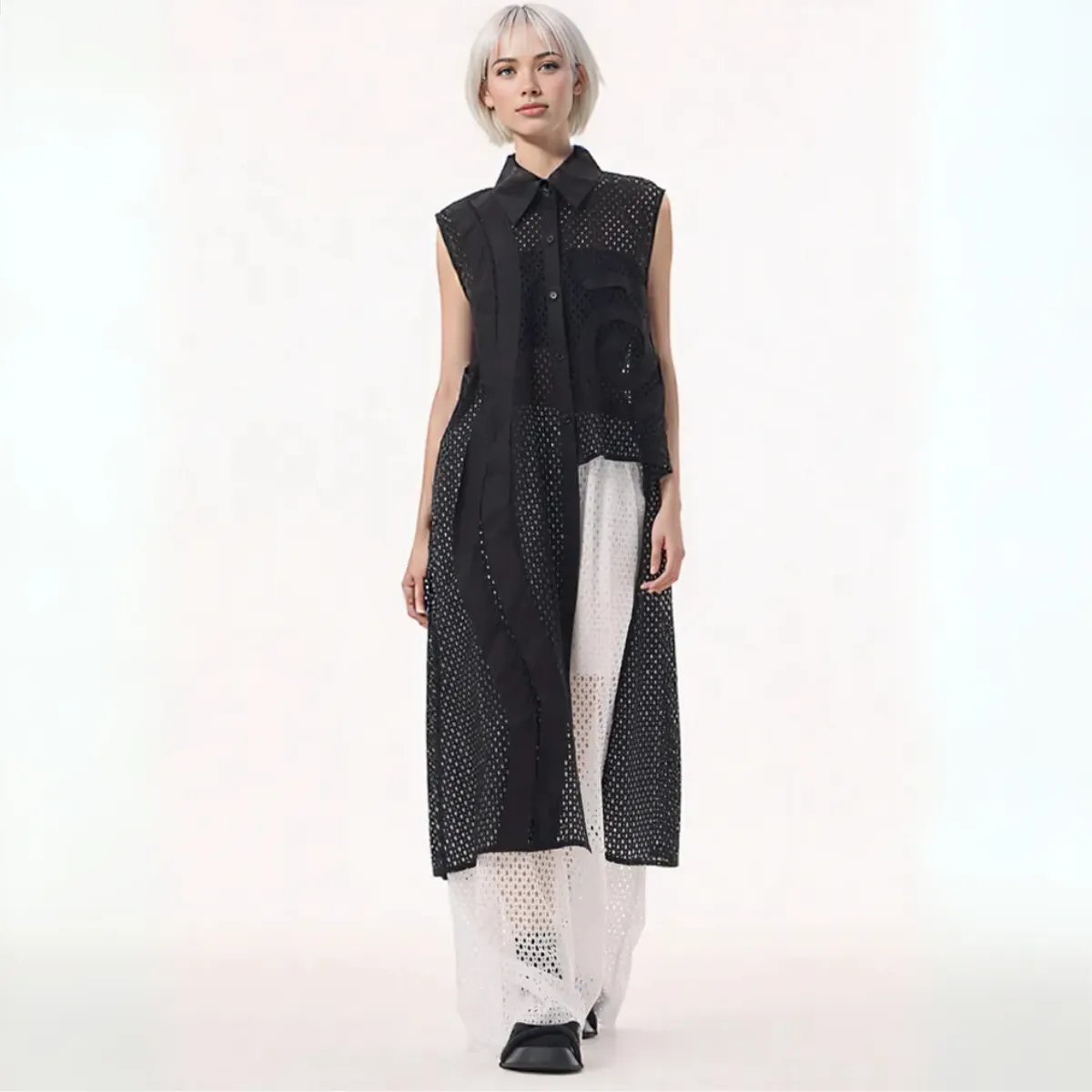 White Sheer Mesh Wide-Leg Trousers
