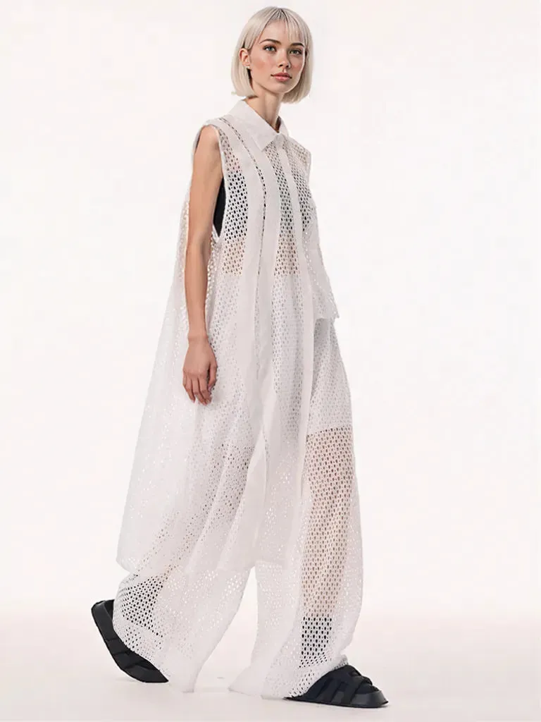 White Sheer Mesh Wide-Leg Trousers