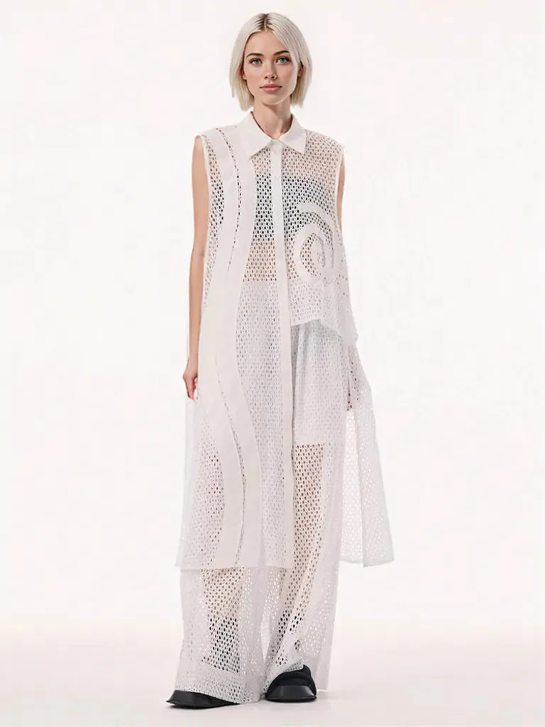White Sheer Mesh Wide-Leg Trousers
