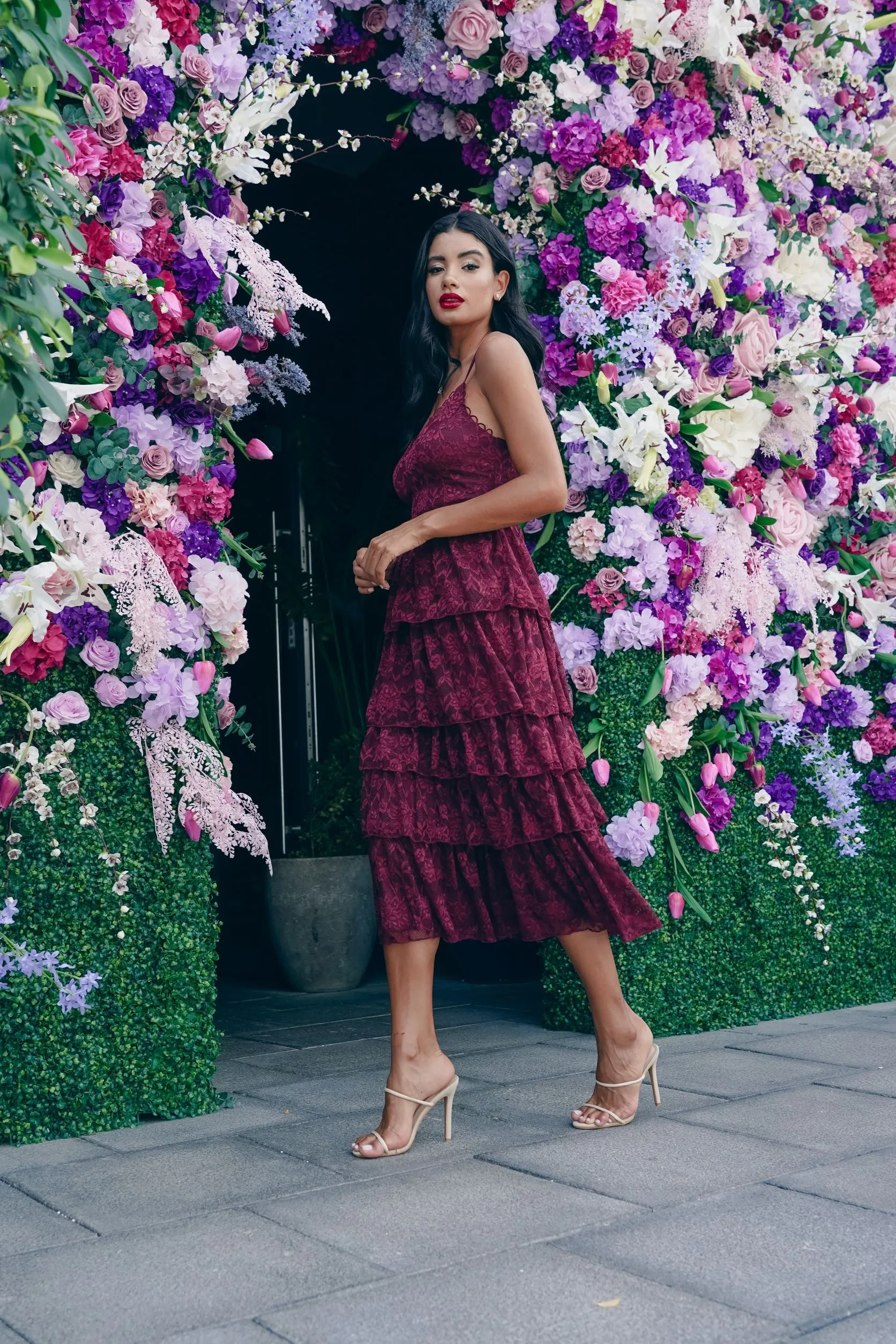 Wine Layered Lace Midi Dress with Details