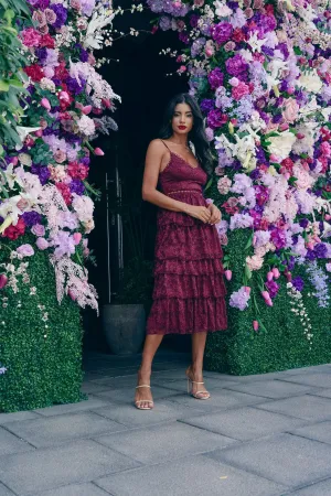 Wine Layered Lace Midi Dress with Details