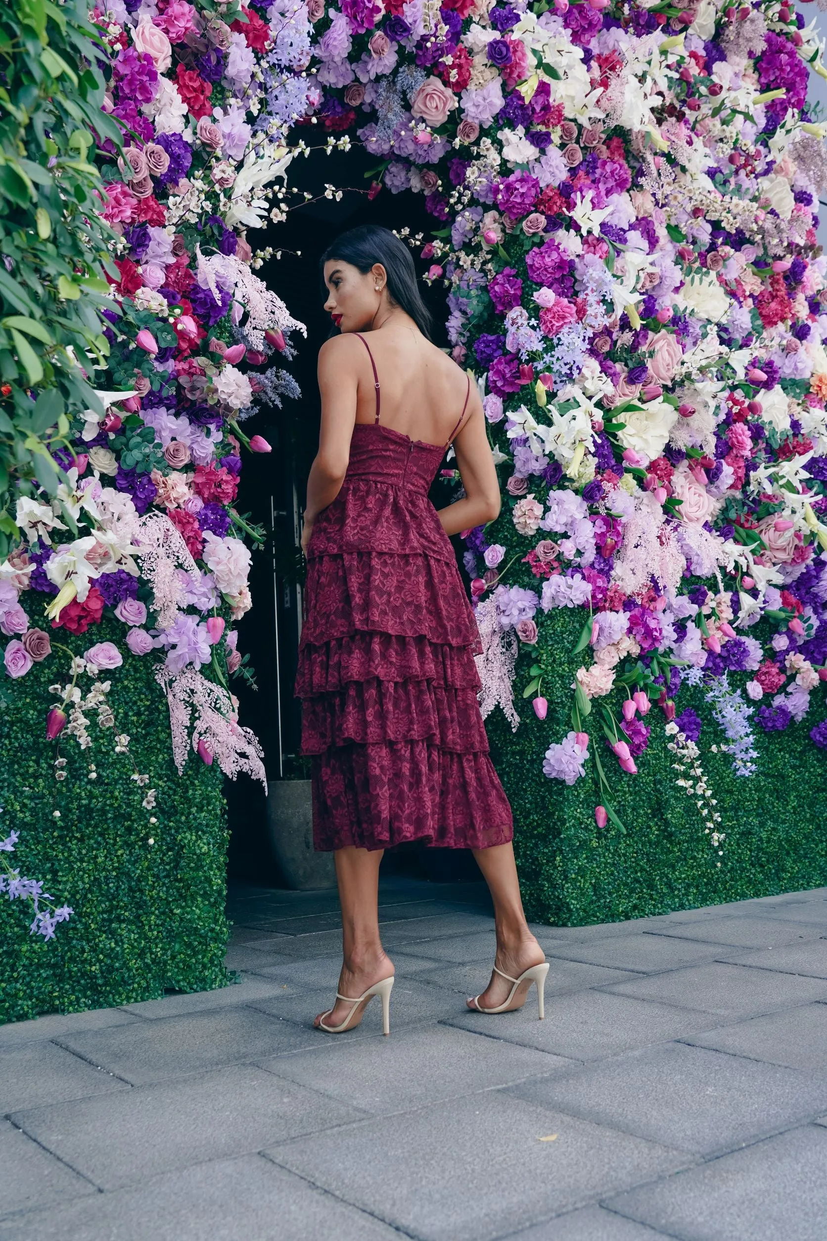 Wine Layered Lace Midi Dress with Details