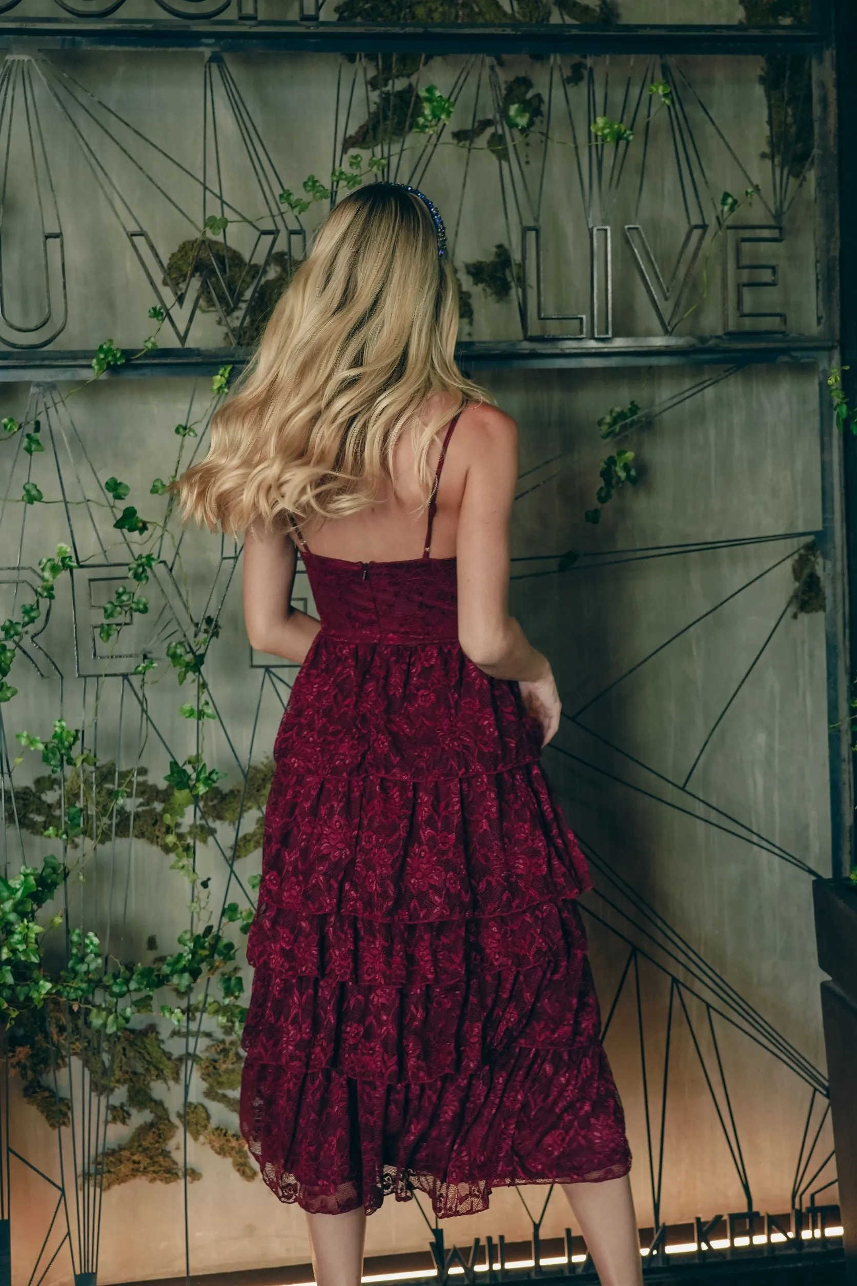 Wine Layered Lace Midi Dress with Details