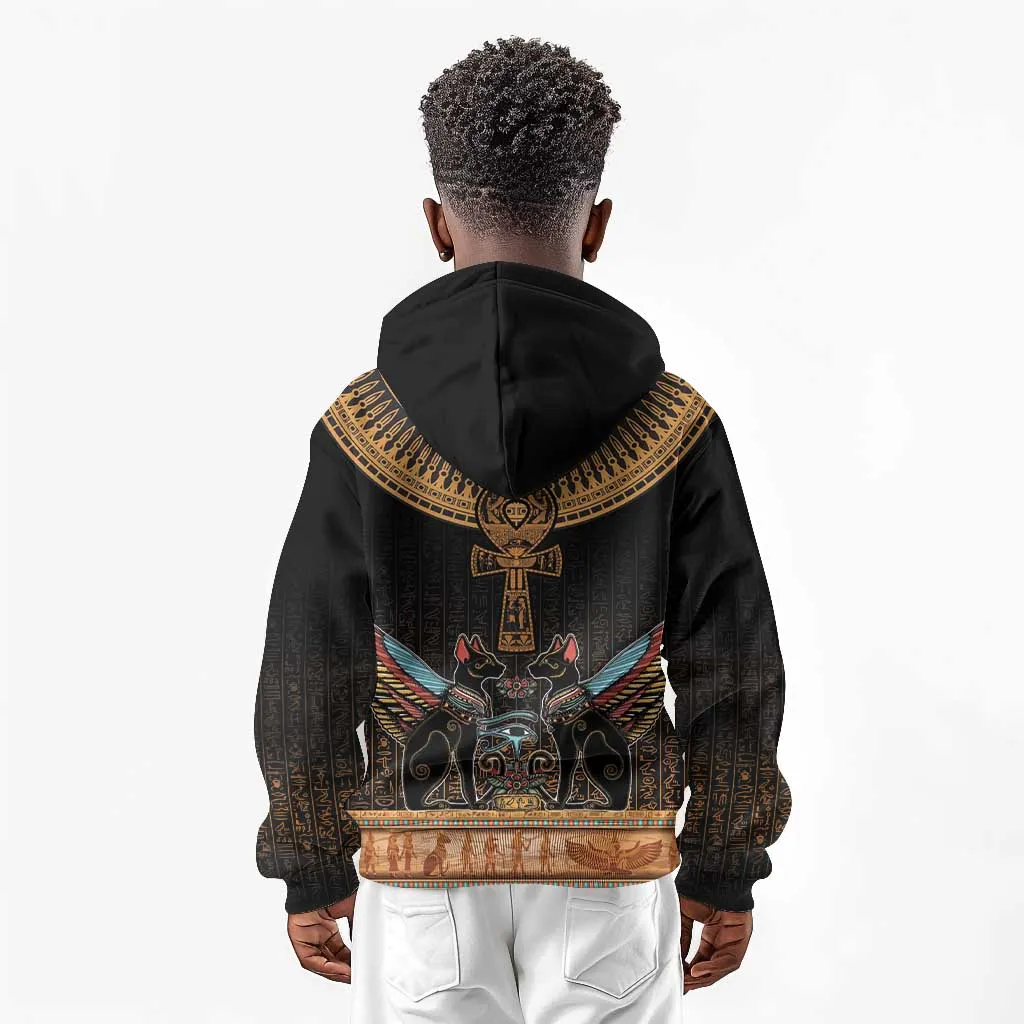 Winged Egypt Cats Kid Hoodie Hieroglyphs Alphabet Pattern LT18