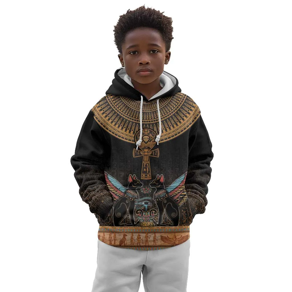 Winged Egypt Cats Kid Hoodie Hieroglyphs Alphabet Pattern LT18