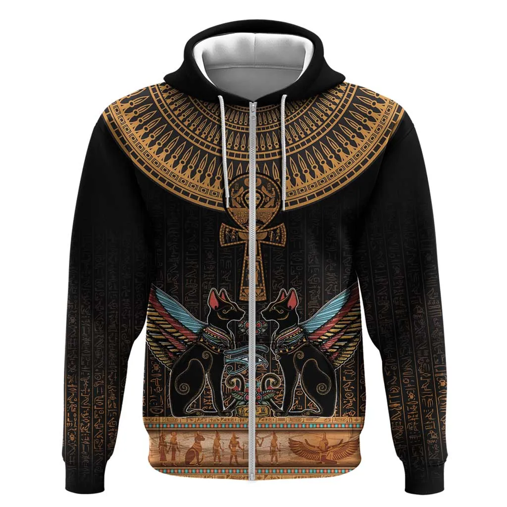 Winged Egypt Cats Zip Hoodie Hieroglyphs Alphabet Pattern LT18