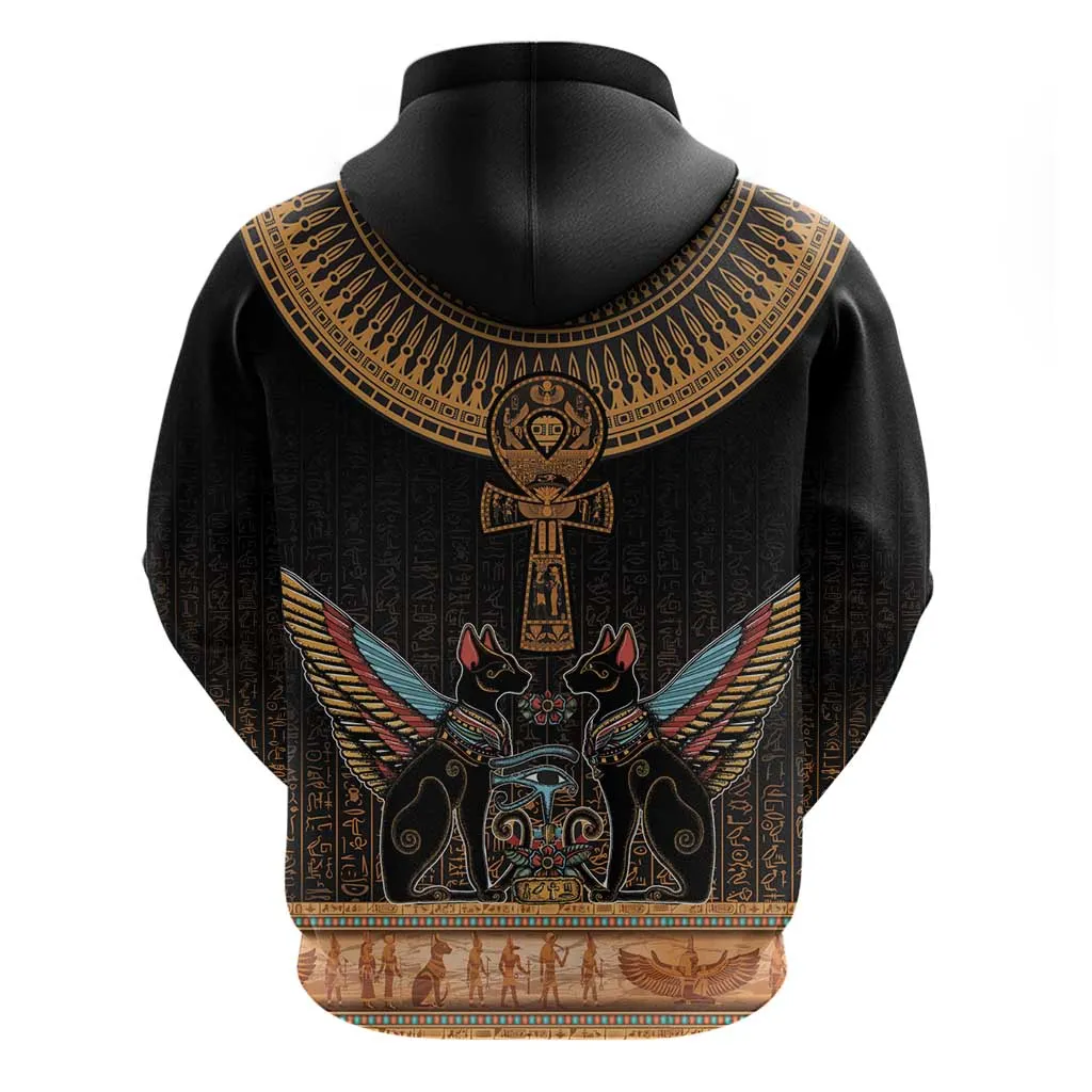Winged Egypt Cats Zip Hoodie Hieroglyphs Alphabet Pattern LT18