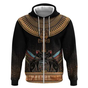 Winged Egypt Cats Zip Hoodie Hieroglyphs Alphabet Pattern LT18