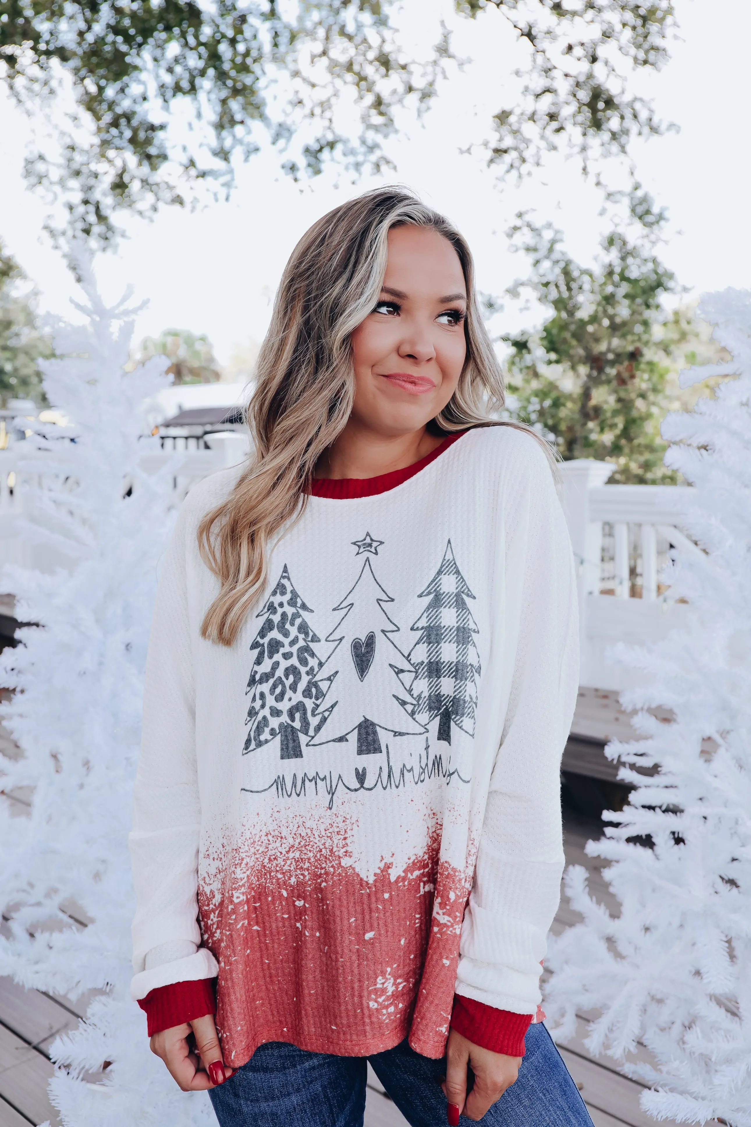 Winter Tree Waffle Knit Long Sleeve Top - White