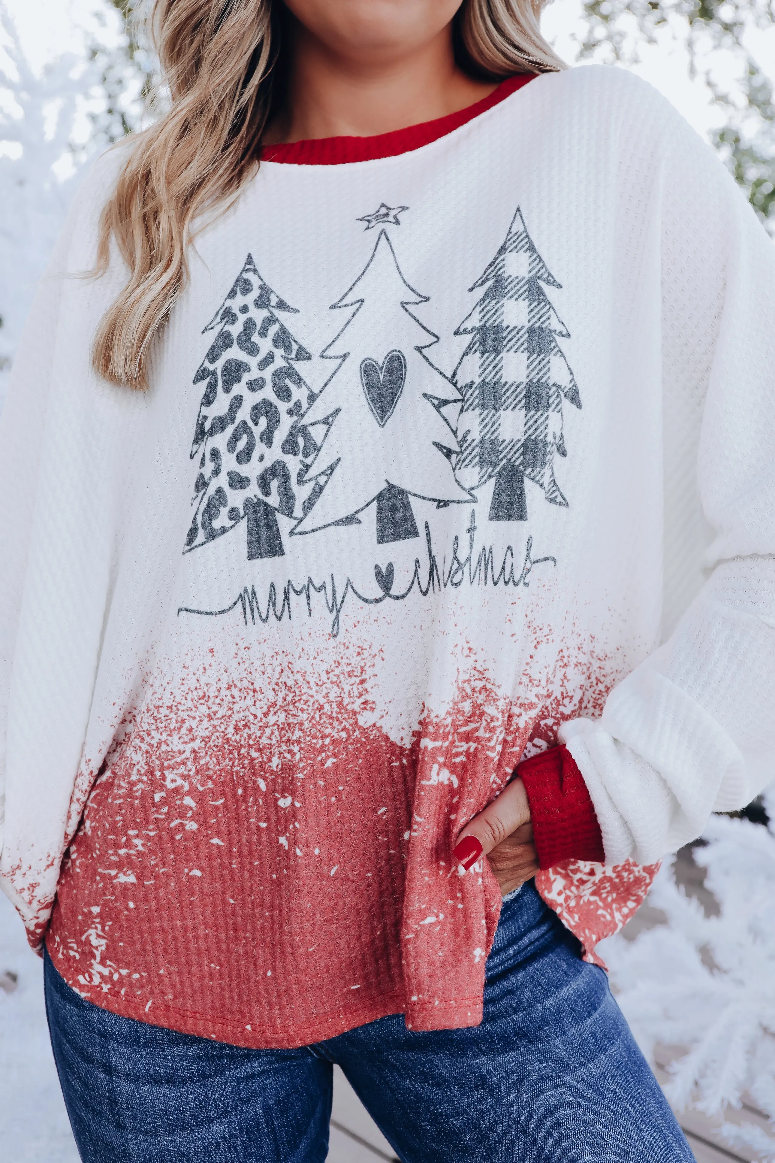 Winter Tree Waffle Knit Long Sleeve Top - White