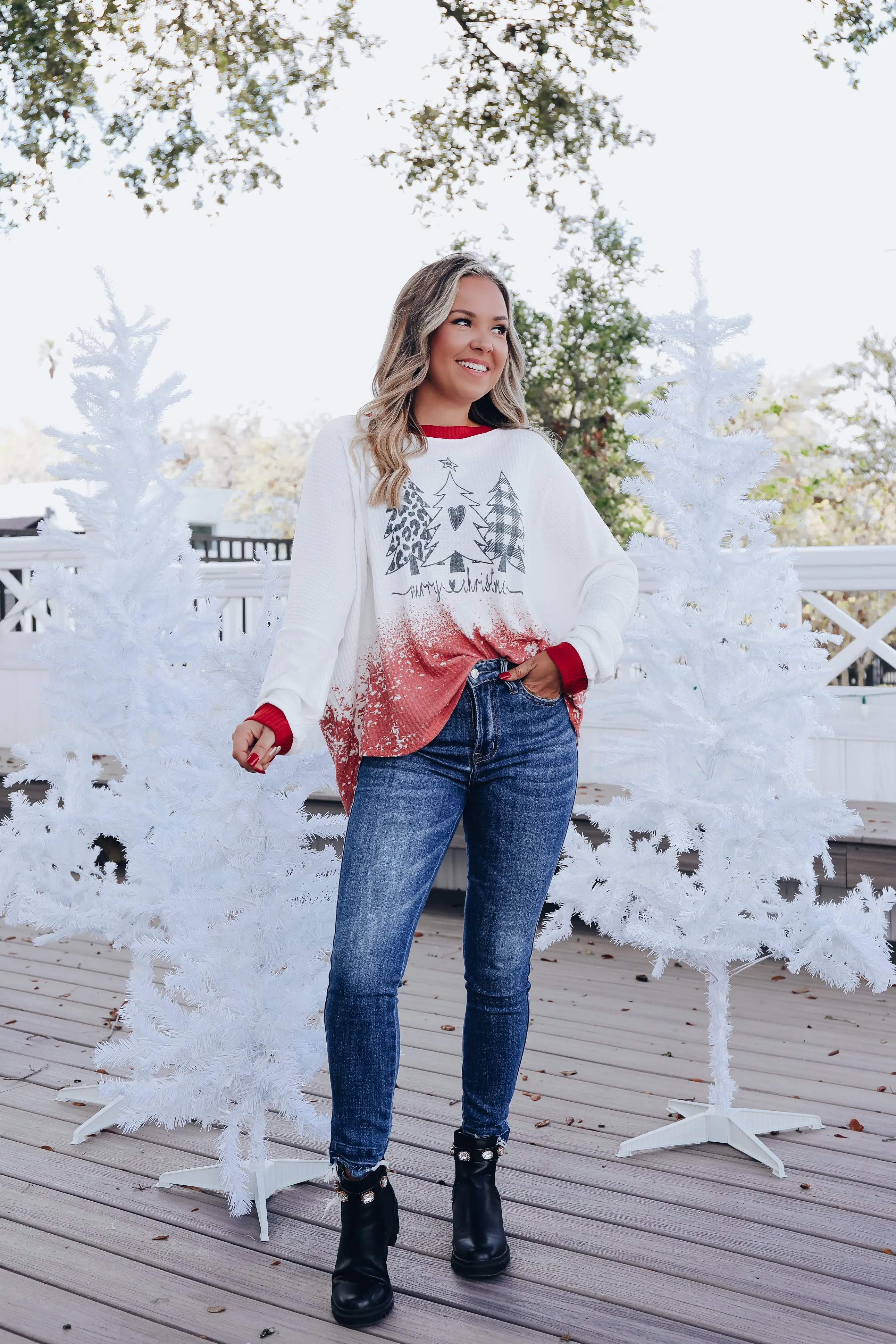Winter Tree Waffle Knit Long Sleeve Top - White