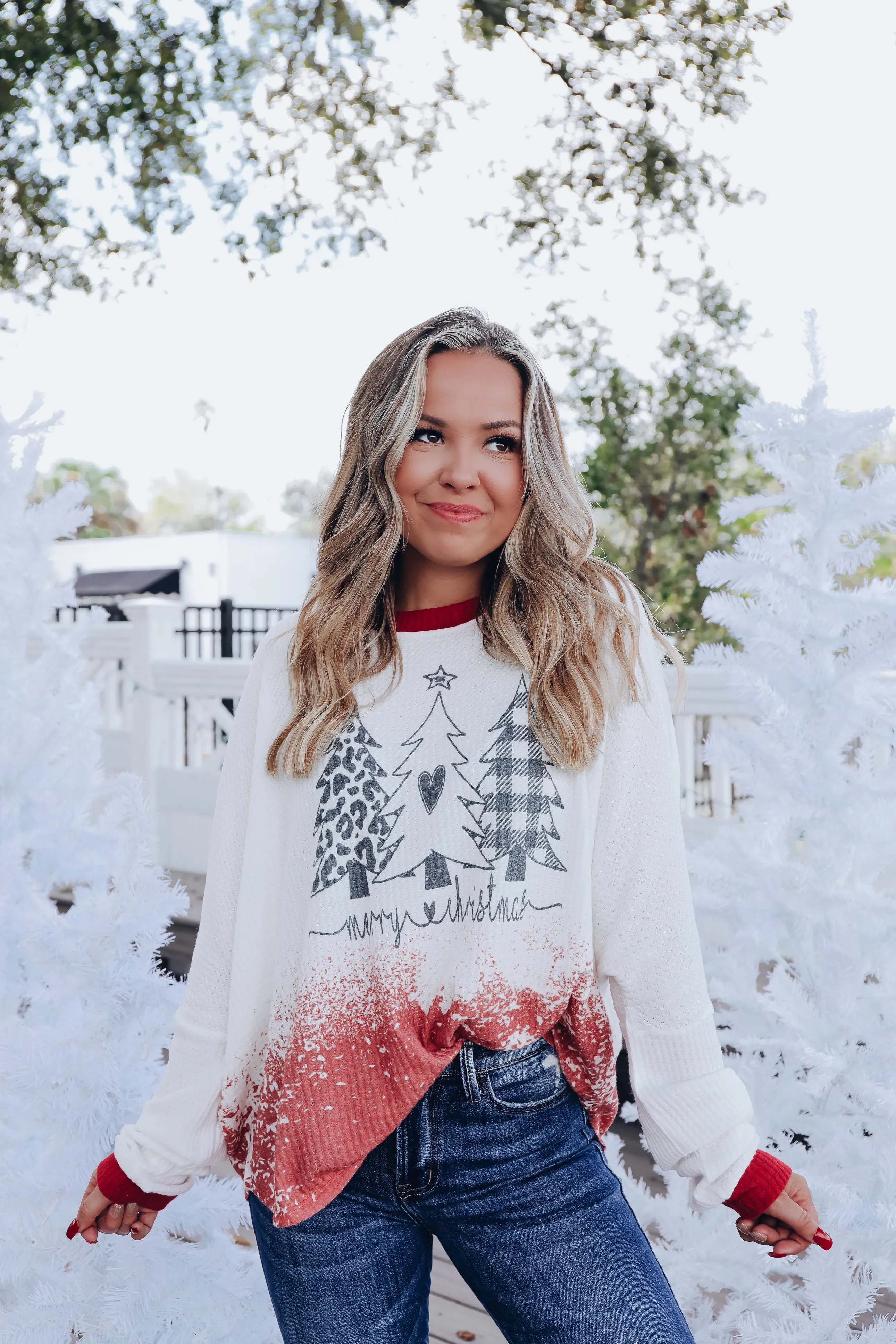 Winter Tree Waffle Knit Long Sleeve Top - White
