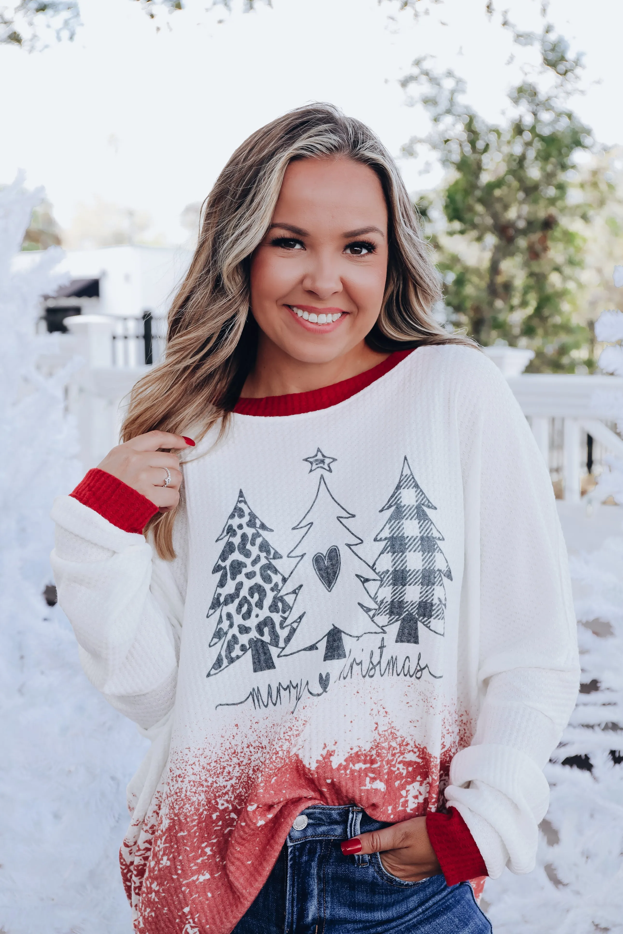 Winter Tree Waffle Knit Long Sleeve Top - White