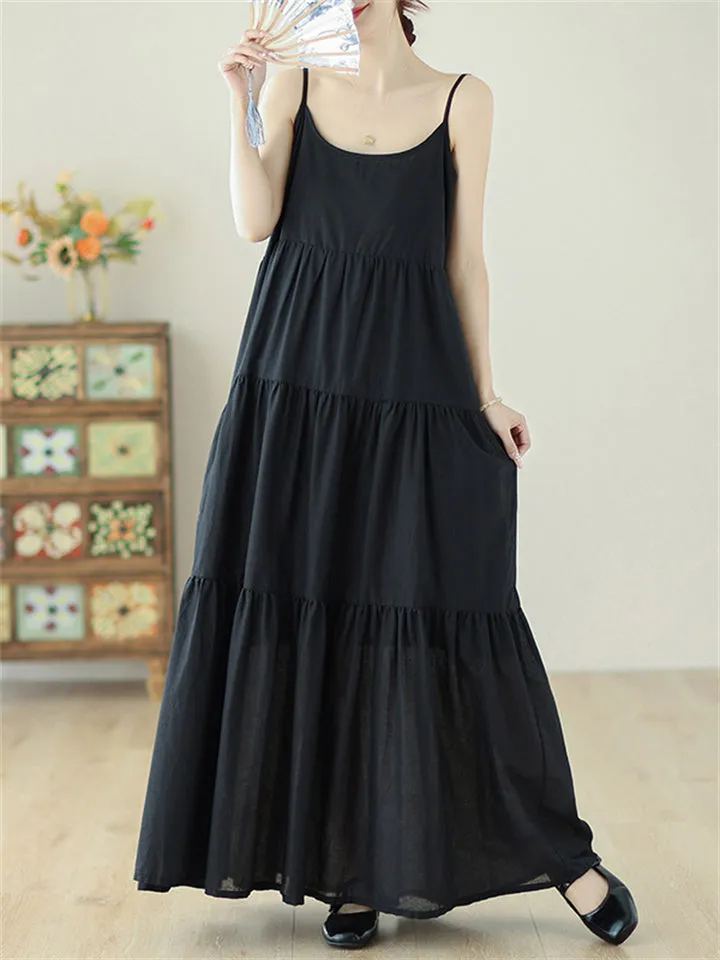 Women's Black & White U Neck Sleeveless Layered Ruffle Dress