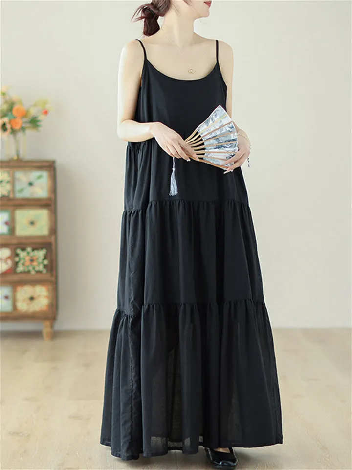 Women's Black & White U Neck Sleeveless Layered Ruffle Dress
