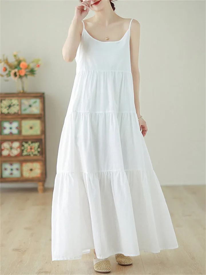 Women's Black & White U Neck Sleeveless Layered Ruffle Dress