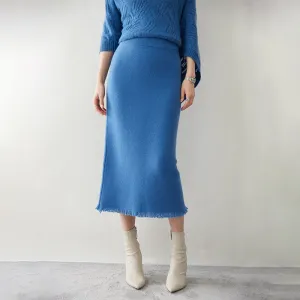 Womens Cashmere Knit Midi Skirt High Waist Frayed Hem Cashmere Dresses