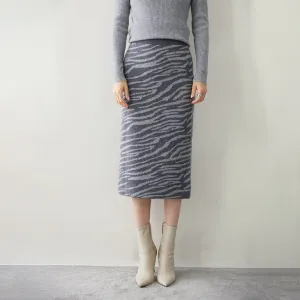 Womens Cashmere Knit Midi Skirt High Waist Zebra Stripe Print Dress