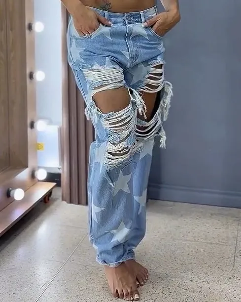 Women's Fashion Ripped Straight Jeans