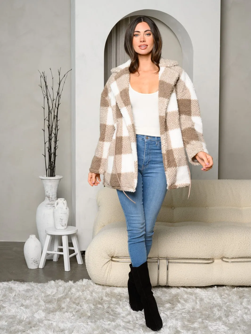 WOMEN'S LONG SLEEVE OPEN FRONT SELF TIE PLAID JACKET