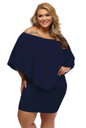 Women's Navy Blue Off Shoulder Bandeau Ruffles Multiple Layered Plus Size Mini Dress