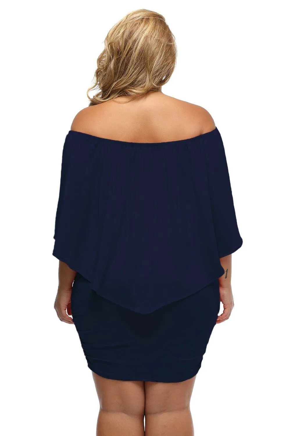 Women's Navy Blue Off Shoulder Bandeau Ruffles Multiple Layered Plus Size Mini Dress