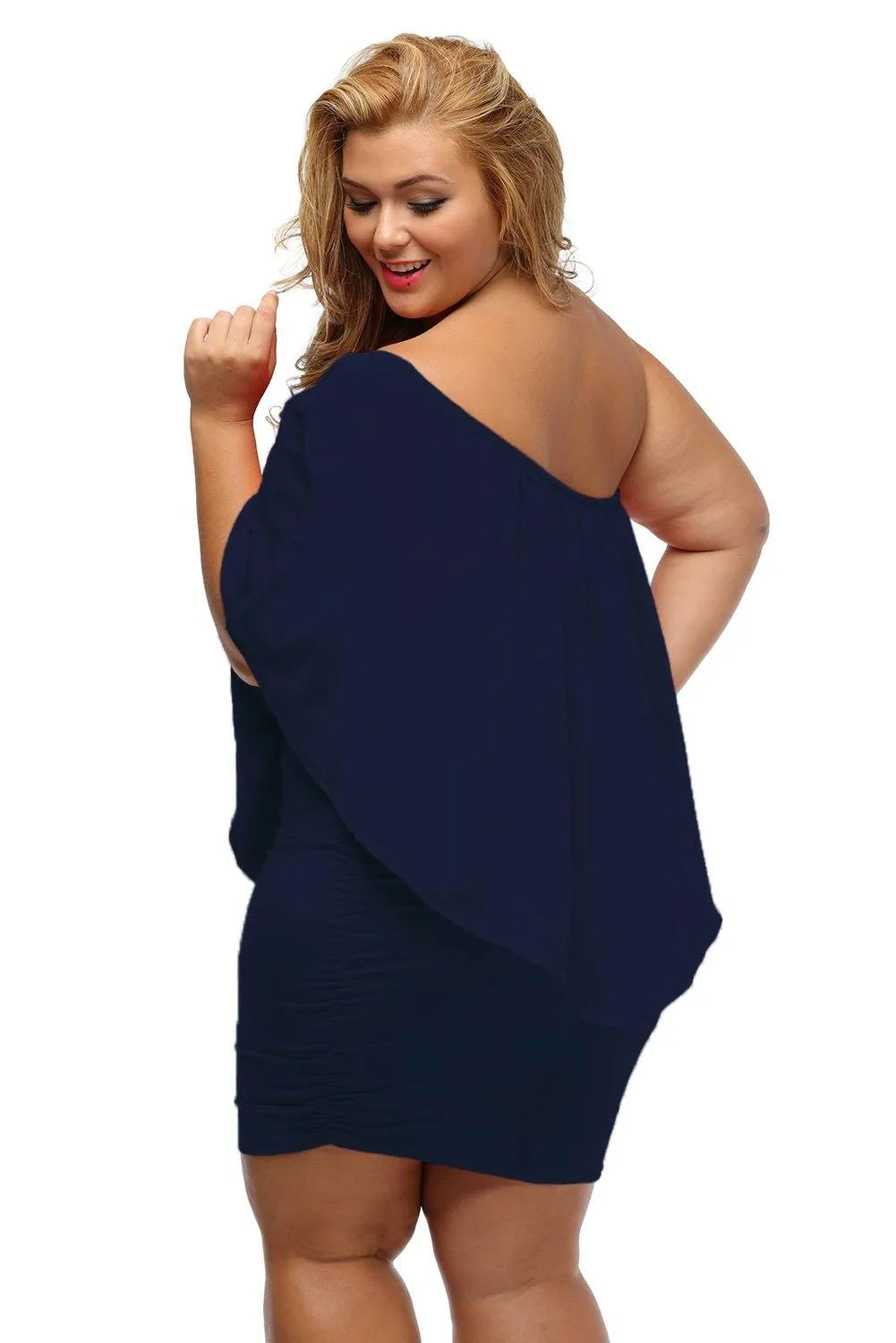 Women's Navy Blue Off Shoulder Bandeau Ruffles Multiple Layered Plus Size Mini Dress