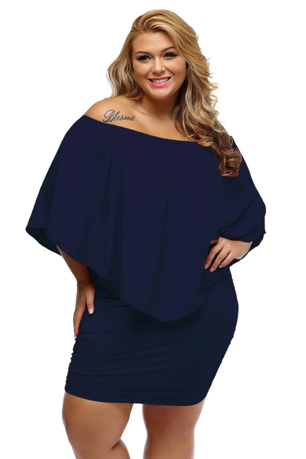 Women's Navy Blue Off Shoulder Bandeau Ruffles Multiple Layered Plus Size Mini Dress