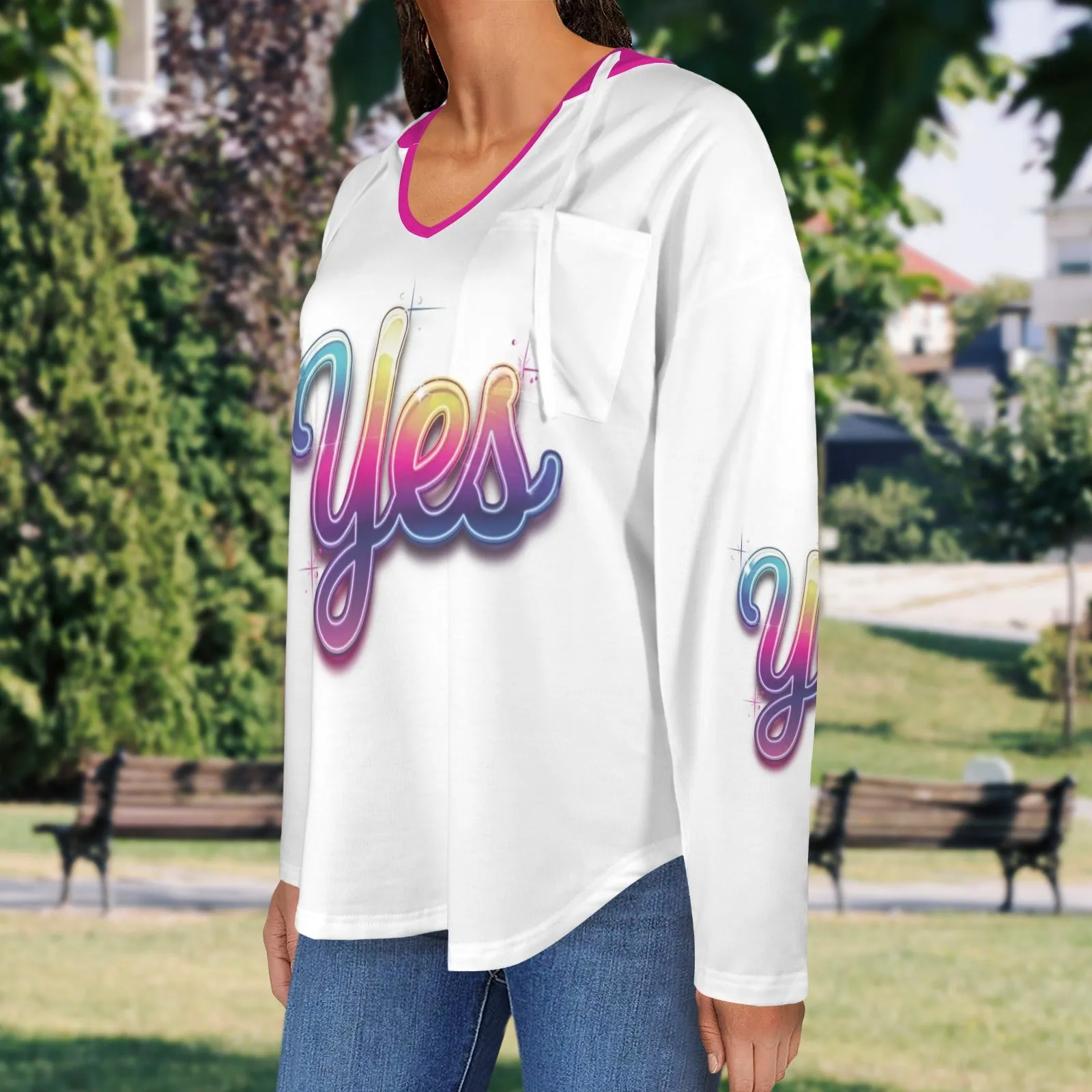Women's V Neck Long Sleeve Drawstring Pocket Pullover Hoodies