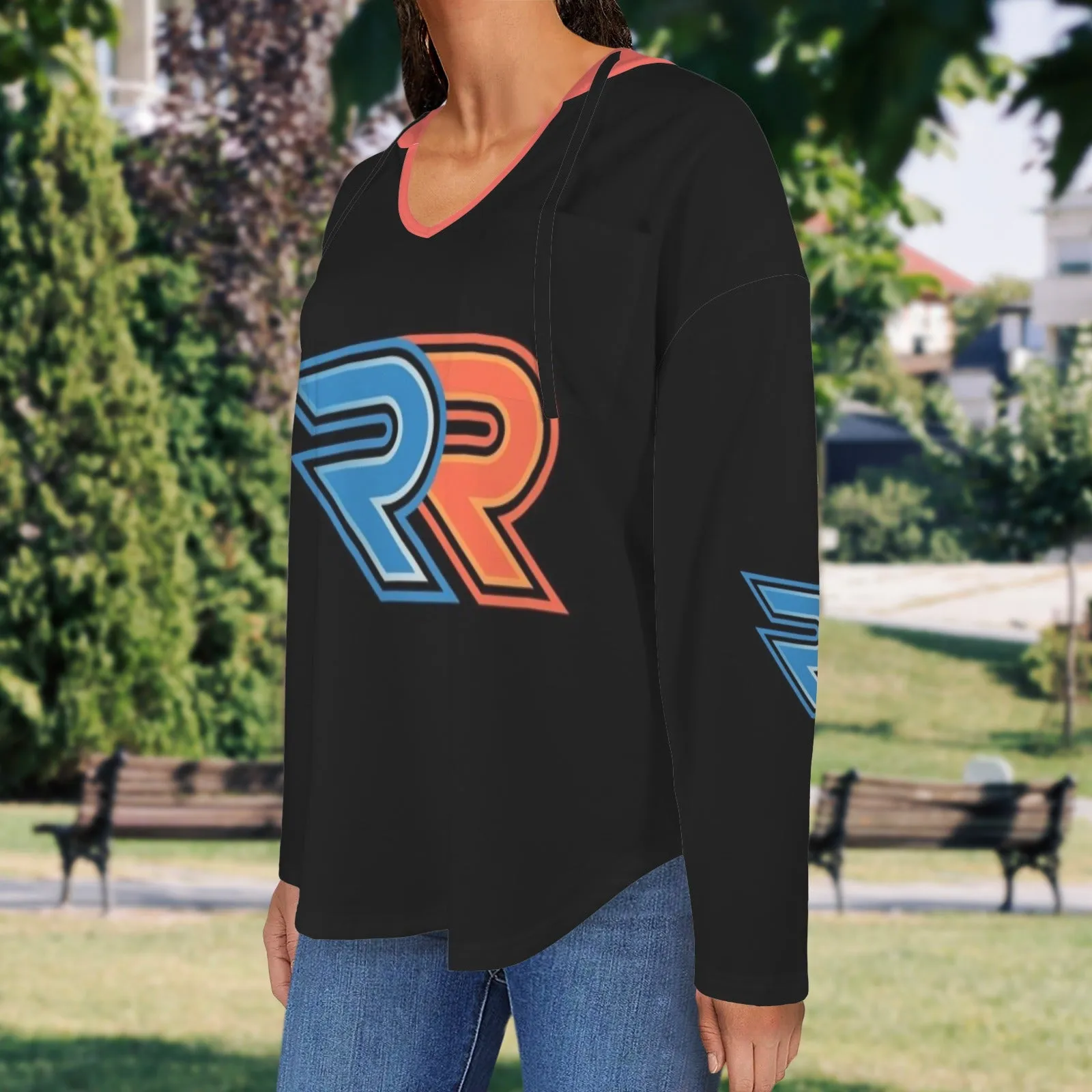 Women's V Neck Long Sleeve Drawstring Pocket Pullover Hoodies