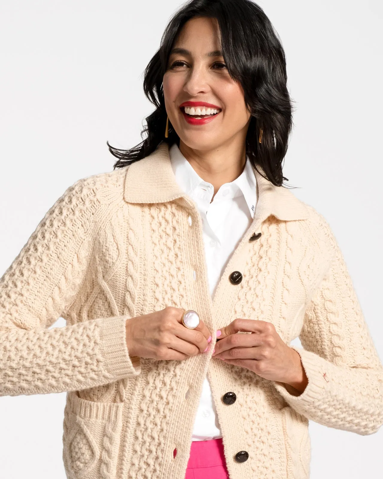 Wool Fisherman Cardigan Sweater - Natural