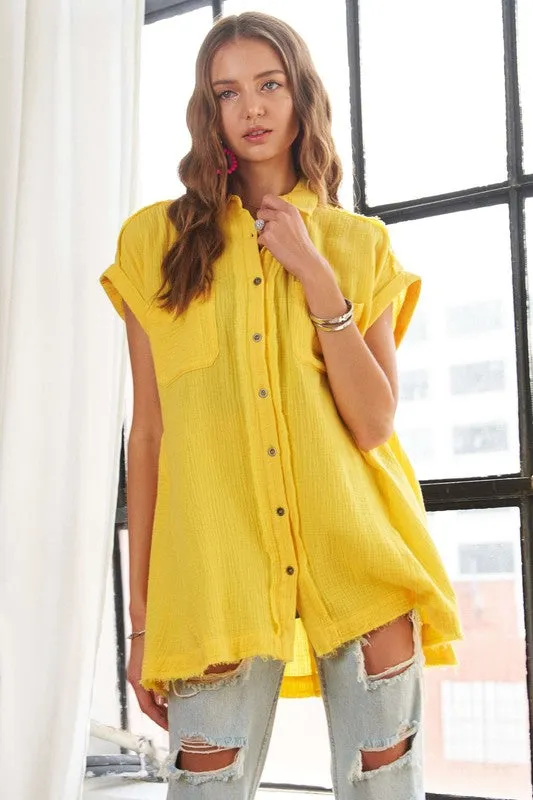 Yellow Raw Hem Collared Neck Button Down Shirt