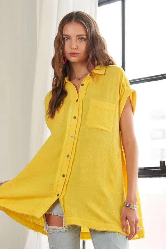 Yellow Raw Hem Collared Neck Button Down Shirt